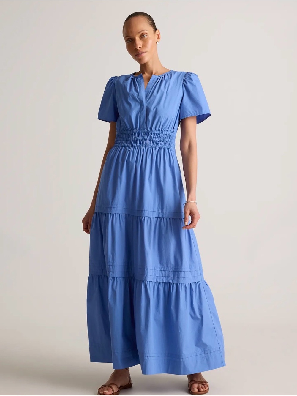 Quince Blue Tiered Maxi Dress Wmns L Modest Casual Preppy Vacation